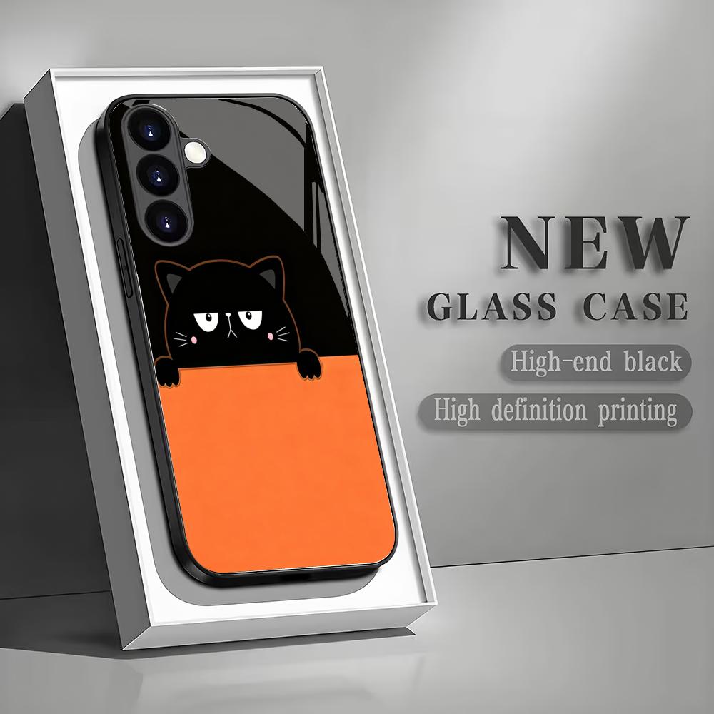 Cute black cat tempered glass phone case suitable for Samsung Galaxy S26 S25 S24 S22 S21 S20 FE/Ultra/Plus anti drop back cover