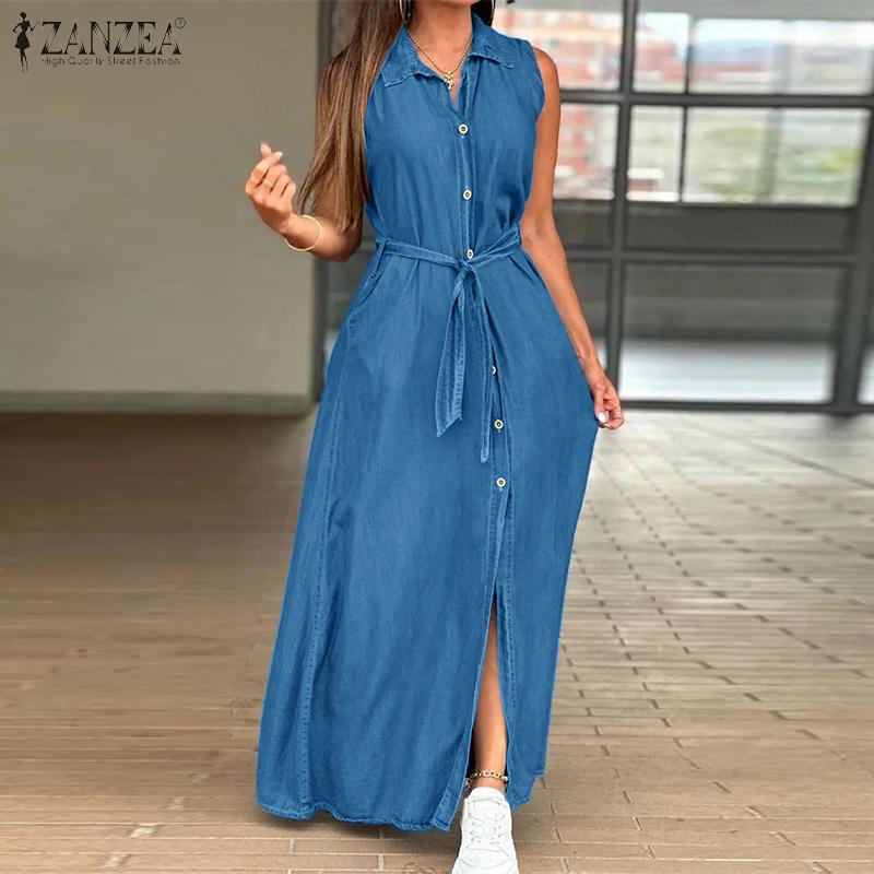 

ZANZEA Женское повседневное летнее длинное платье без рукавов с отложным воротником