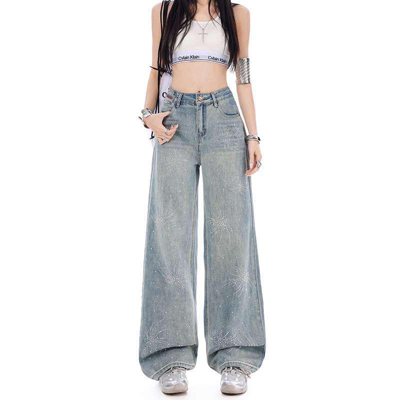 

High-Waisted Rhinestone Wide-Leg Jeans for Women – Spring Loose, Drapey, Slimming, Floor-Length Versatile Pants Extra Small