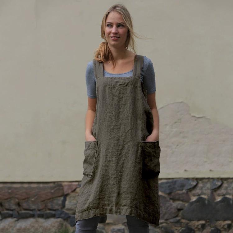 Women's Cotton and Linen Apron, Home Wear, Loose Long Dress
