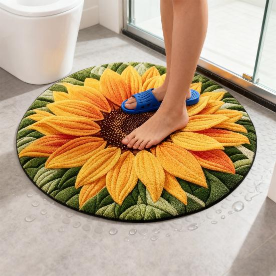 3D Sunflower Floor Mat Non-Slip Absorbent Bathroom Rug Quick-Dry Round Floral Area Rug for Farmhouse Bedroom Entryway Living Room