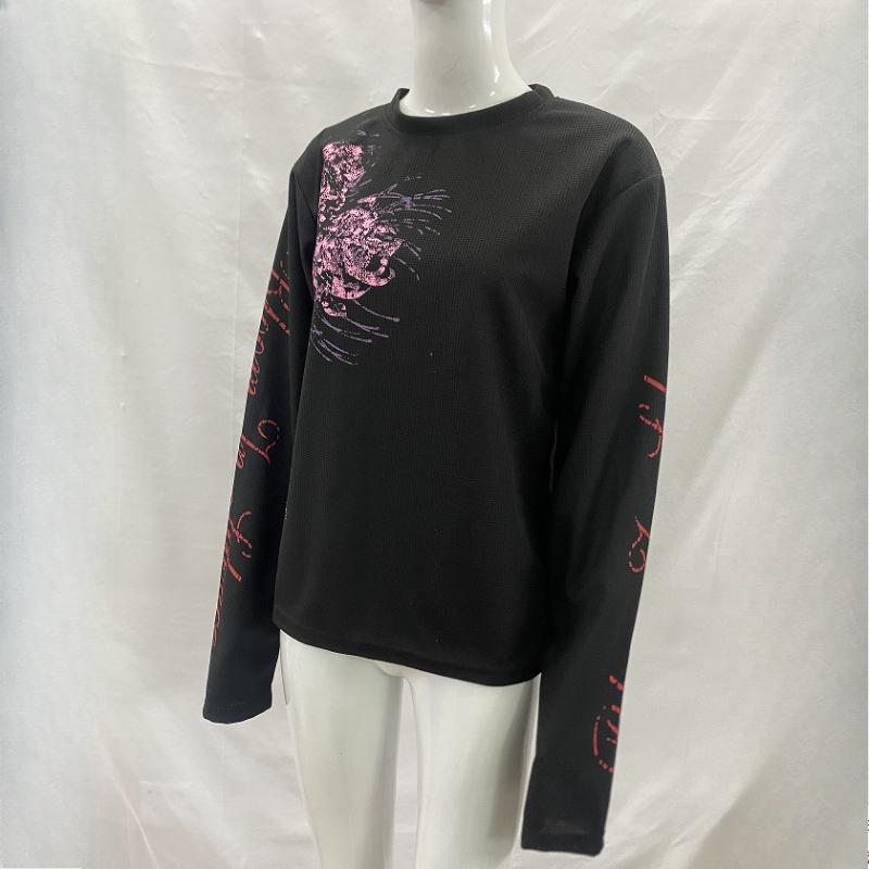 European American Dark And Style Spring Floral Print Long Sleeved Mens And Womens Loose Round Neck Top