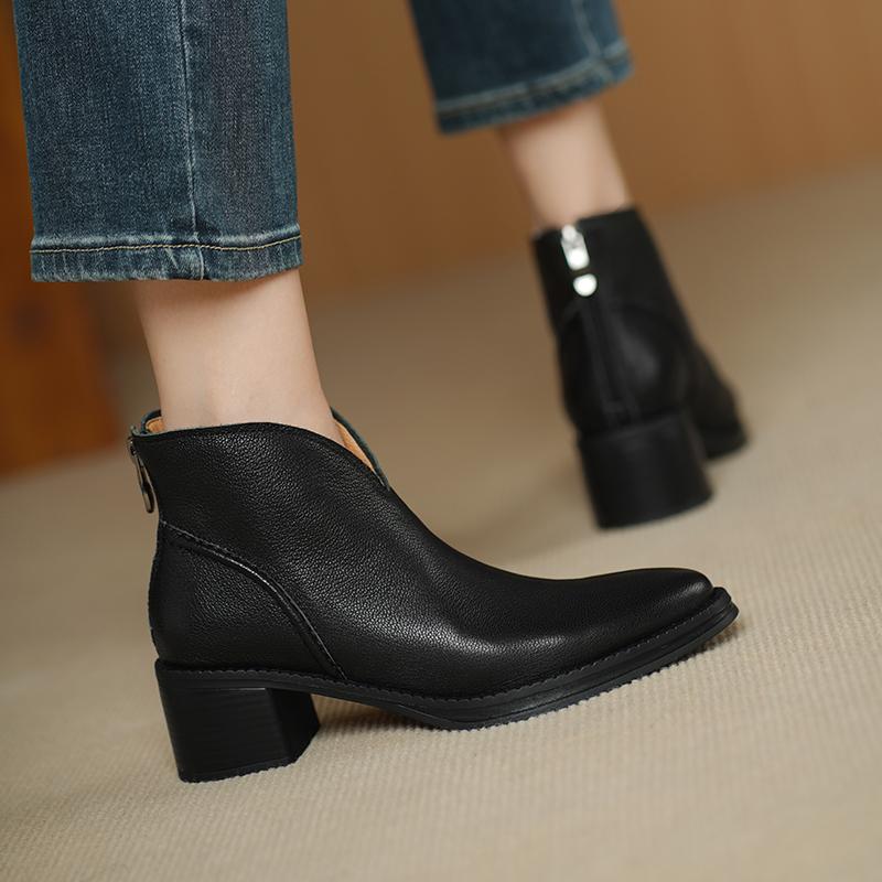 Fashion 2025 Autumn Women Boots Pointed Toe Chunky Heel Sheepskin Leather Women Shoes Short Modern Boots Winter High Heel Mid-calf Boots