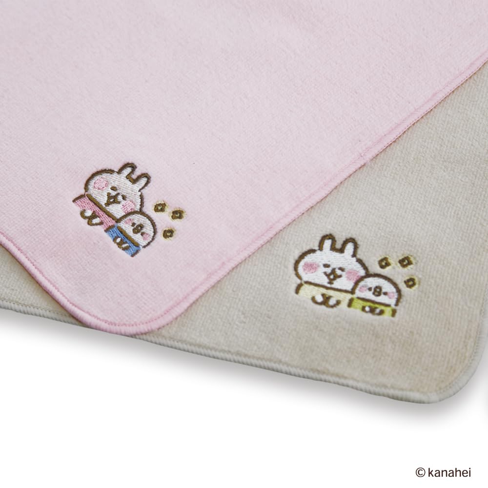 Kanahei's Small Animals Usagi & Pisuke Embroidered Imabari Hand Towel 2-Piece Set (Pink & Greige) Mini Towel Handkerchief [Softly Communicating