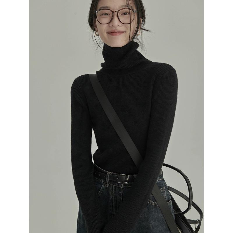 Women's Blue Turtleneck Knit Sweater Ribbed Texture Warm Comfortable Casual Fashion Slim Fit Long Sleeve Sweater Top