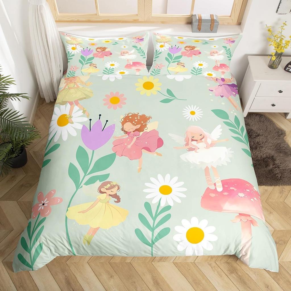 Floral Fairy Bedding Set,Butterfly Fairy Duvet Cover for Girls Room Decor,Cute Flower Bed Set Sweet Princess Duvet Cover 2Pcs