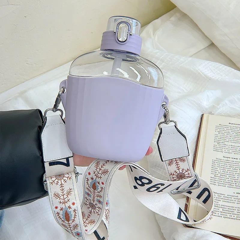 700ml Cute Water Bottle Big Belly With Straw Strap Creative Cup Portable Plastic Kids Girls Water Cup Drinkware Sport Outdoor