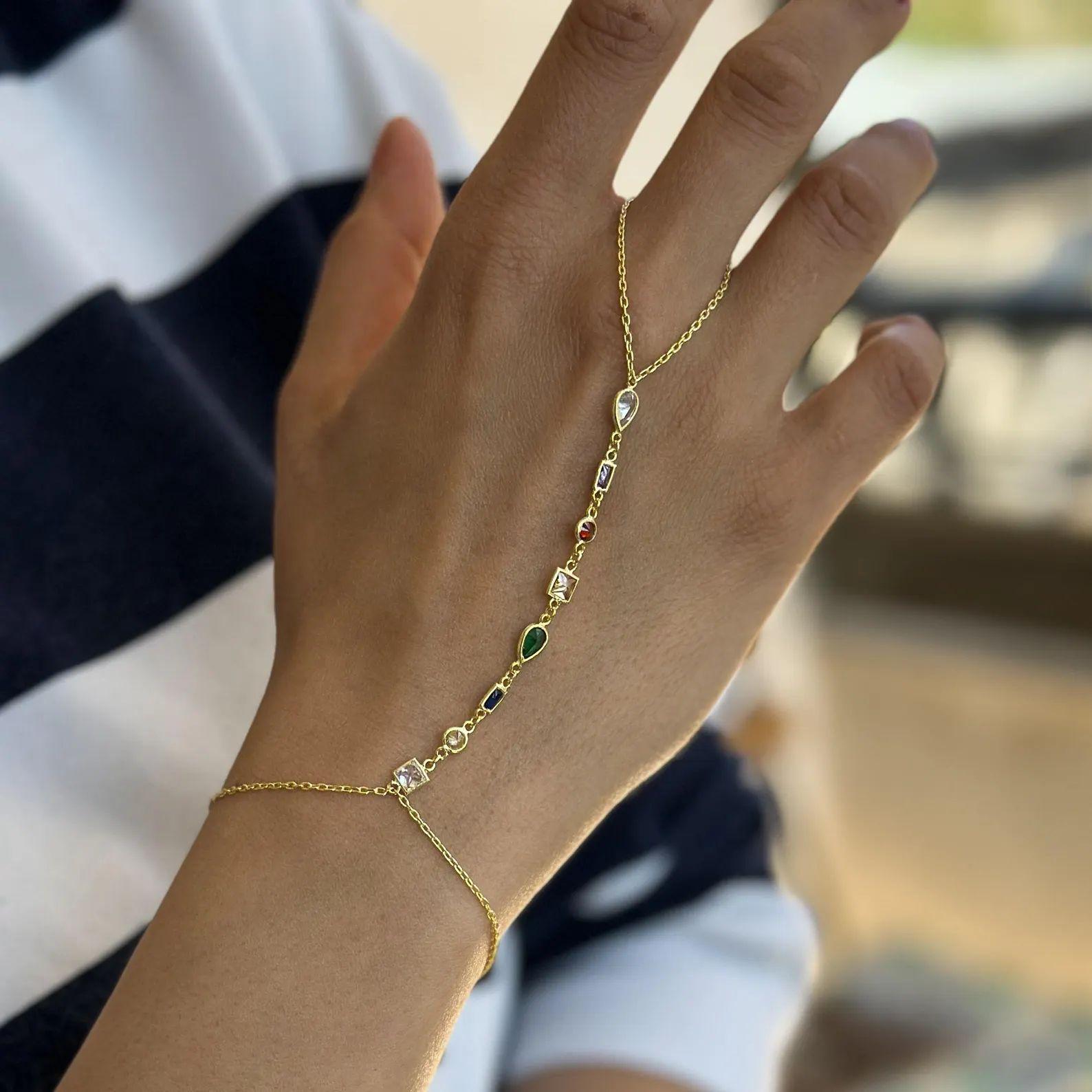 Minimalist Colorful Gemstone Finger Chain Bracelet for Women Adjustable Dainty Ring to Wrist Jewelry Cubic Zirconia Gold Tone