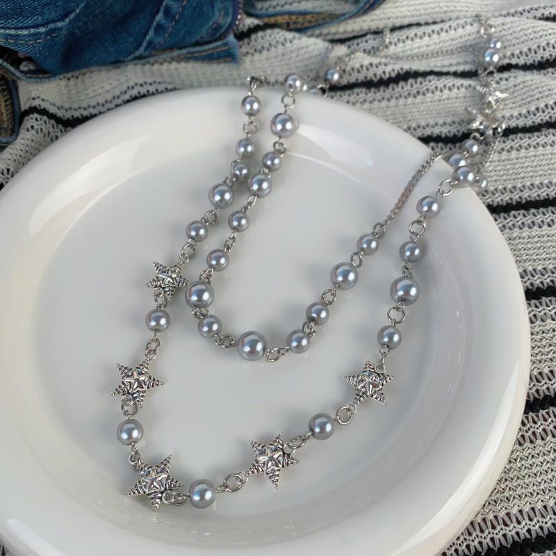 Collar de Perlas de Imitación Gris Plateado para Mujer Cadena Larga para Suéter Collar Apilado Joyería de Lujo para Clavícula Accesorios