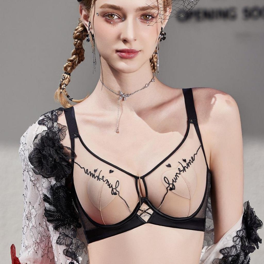 French Letter Embroidery Semi-transparent Mesh Heart Cup Bra Light and Thin Breast-revealing Small Memory Wire Support Bra
