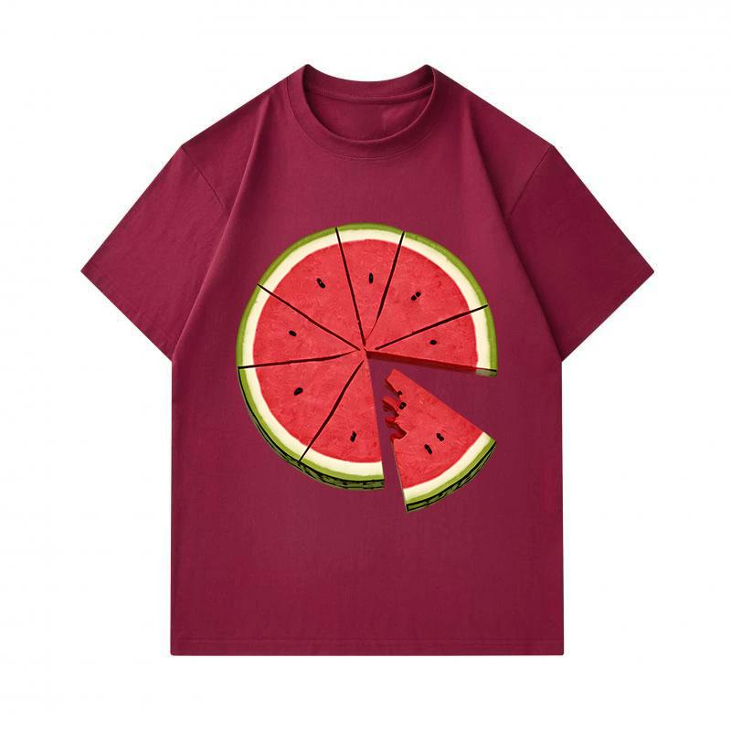 Men's 100% Cotton Crew Neck Short Sleeve T-Shirt, Creative Watermelon Slice Pizza Pattern Casual Summer Breathable Comfortable Loose Fit Tee for Daily