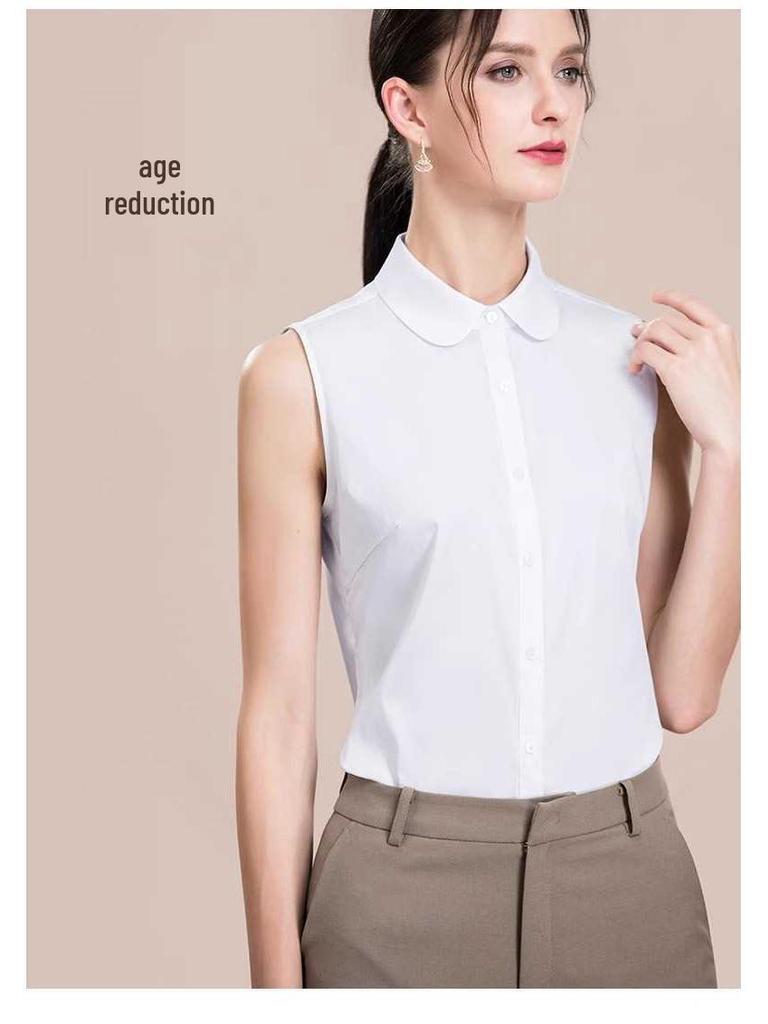 Damska biała koszula bez rękawów odporna na gniecenie - Profesjonalna wyszczuplająca warstwa bazowa z kołnierzykiem ze szpicami, Moda letnia