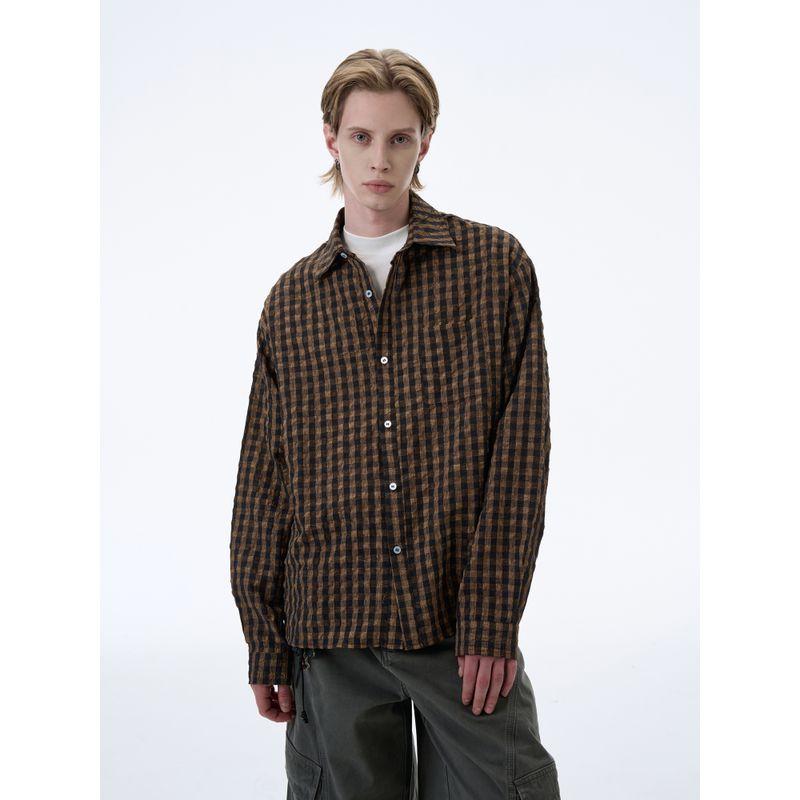 Kisko American Retro Bubble Gauze Plaid Distressed Long-Sleeved Shirt for Men and Women, Handsome Loose Casual Work Clothing Shirt