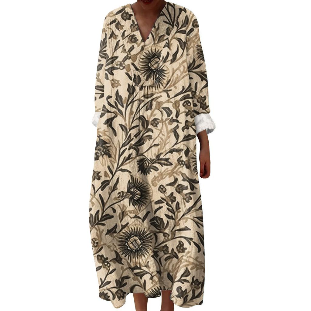 Women's Casual And Fashionable V-Veck Flower Print Long Sleeved Dress Long Sleeved Dress