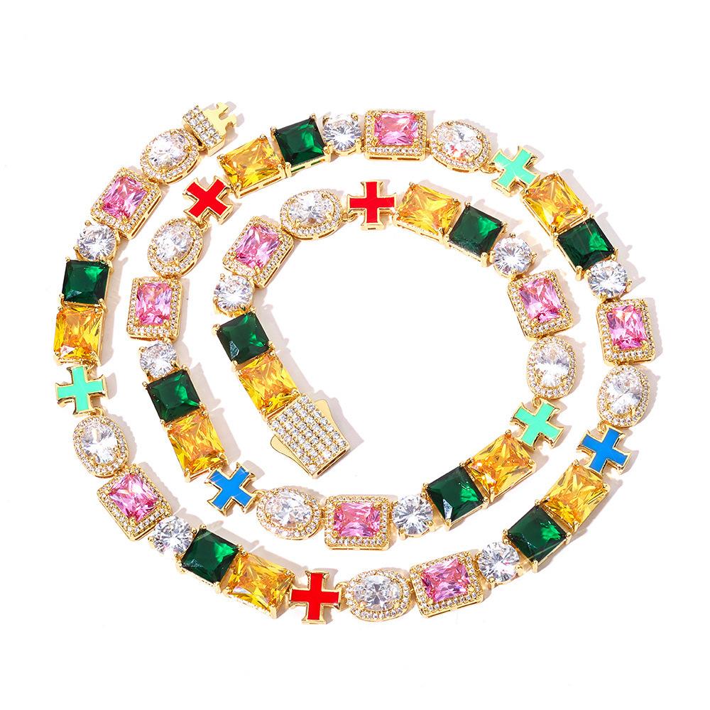 European and American Trendy Hip-hop Colored Zircon Cross Necklace, Dopamine Niche Personality Hip-hop Necklace Accessory necklace 18inch (length 45cm)