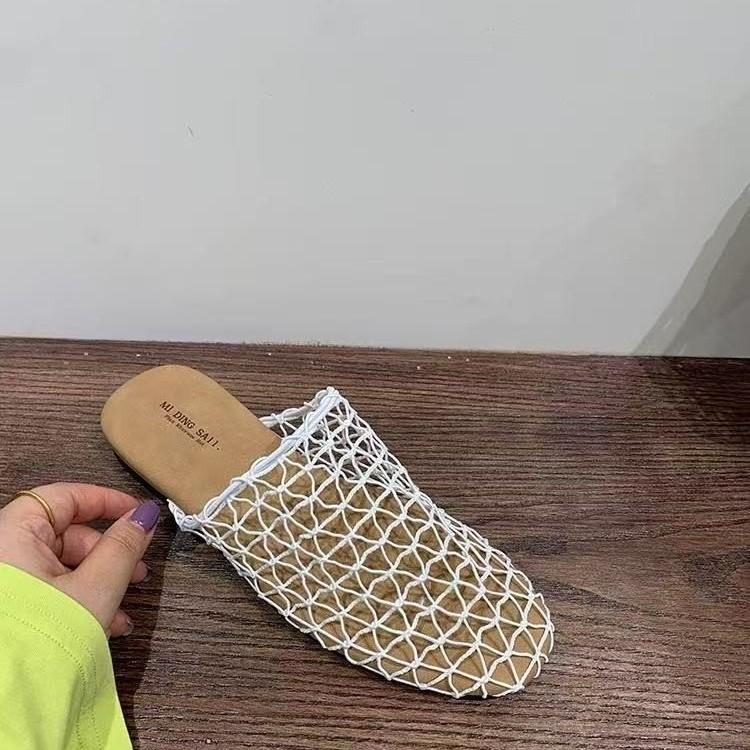 Niche Fishnet Woven Hollow Sandals Women's Summer New Fisherman Flat Bottom Round Head Bag Head Half Slippers