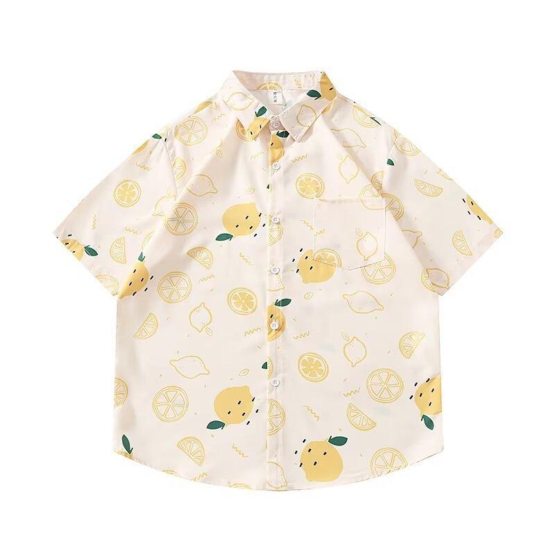 Summer vacation seaside blue shirt for men and women, trendy loose-fitting plus-size Hawaiian short-sleeve shirt