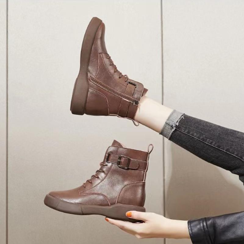 European and American Retro Short Sleeved Women's Boots  Autumn New Lace Up Belt Buckle Thick Sole Short Boots  Mujer
