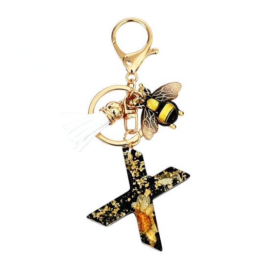 Dried Flower Letter Charm Bee Keychain Pendant Resin Black 1 Pc