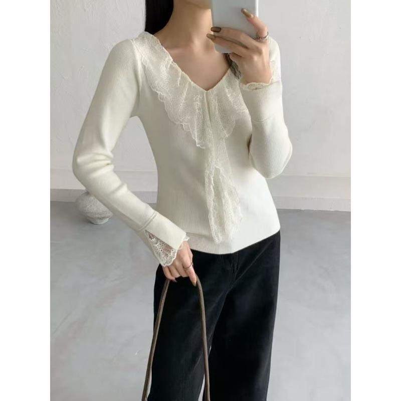 Korean Lace Lace Splicing Collar Knitted Winter Foreign Look Thin Sweet Versatile Bottoming Shirt Knitted Sweater Top