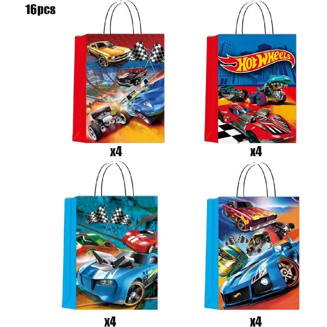 16Pcs Hot Car Happy Birthday Party Decoration Gift Bags Wheels Wild Wheels Race Car Candy Bags for Birthday 4 Styles Party Favors Gift Bags Party