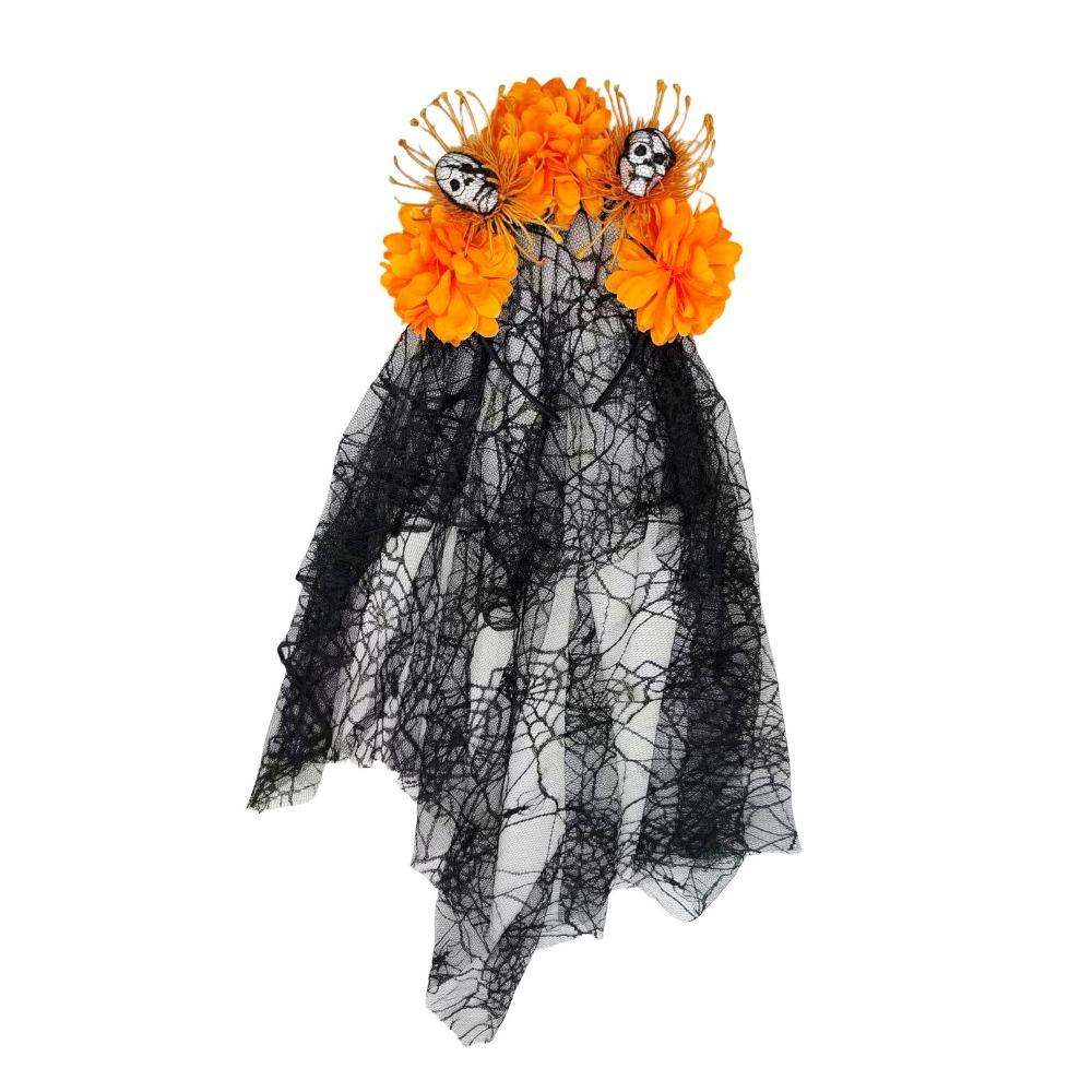 Lace Veil Skull Headband Sheer Mesh Gothic Hairband Floral Veil Headband Halloween Party оранжевый