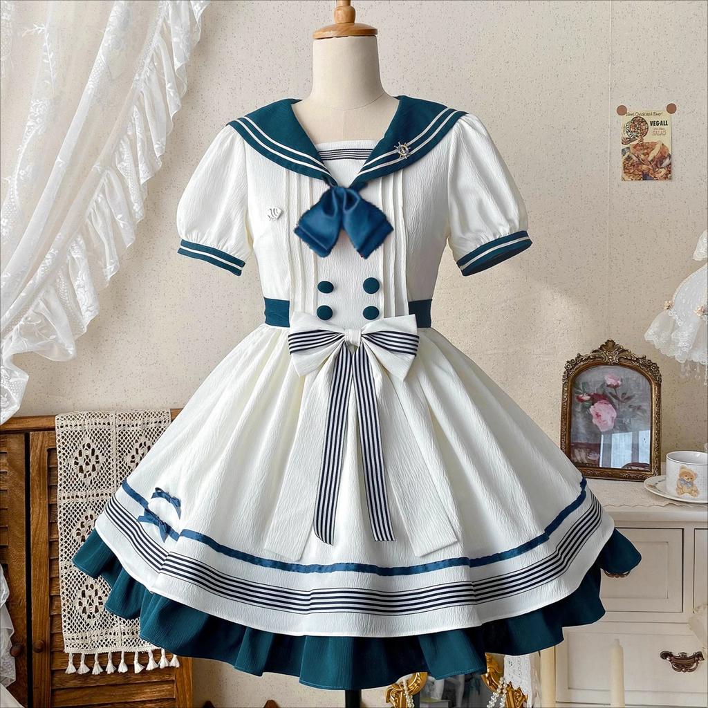 Japanese Style Sweet Cute Sailor Collar Bubble Short Sleeve High Waist Bow A-line Striped Kawaii Lolita Mini Dress Women Summer
