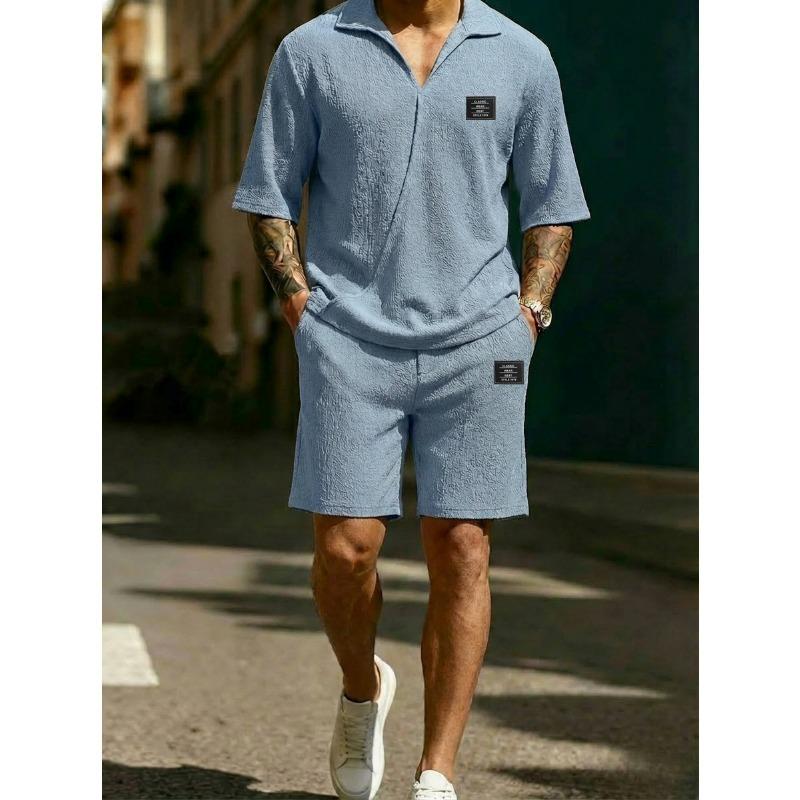 Mens Light Blue Terry Cloth Polo Shirt and Shorts 2-Piece Set