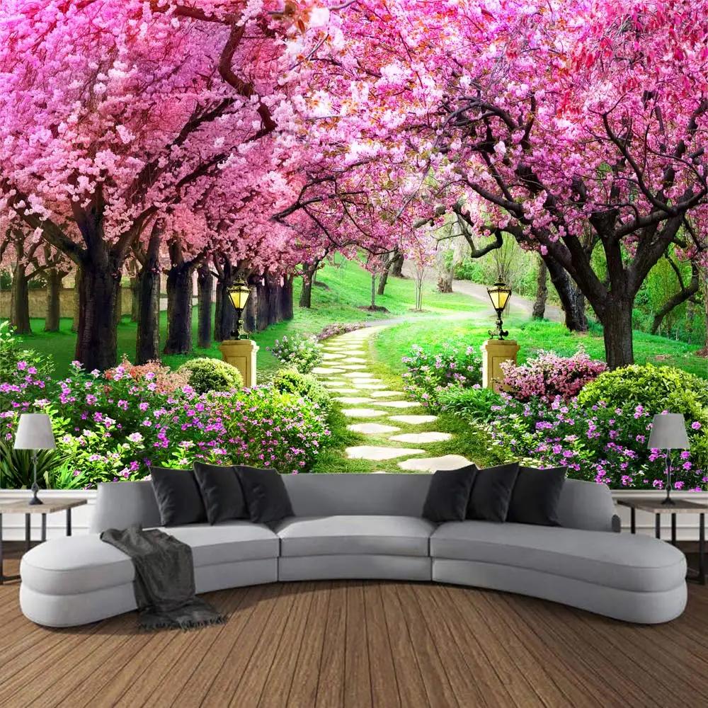 Cherry Blossom Landscape Printing Tapestry Home Wall Hanging Living Room Large Fabric    Decoration