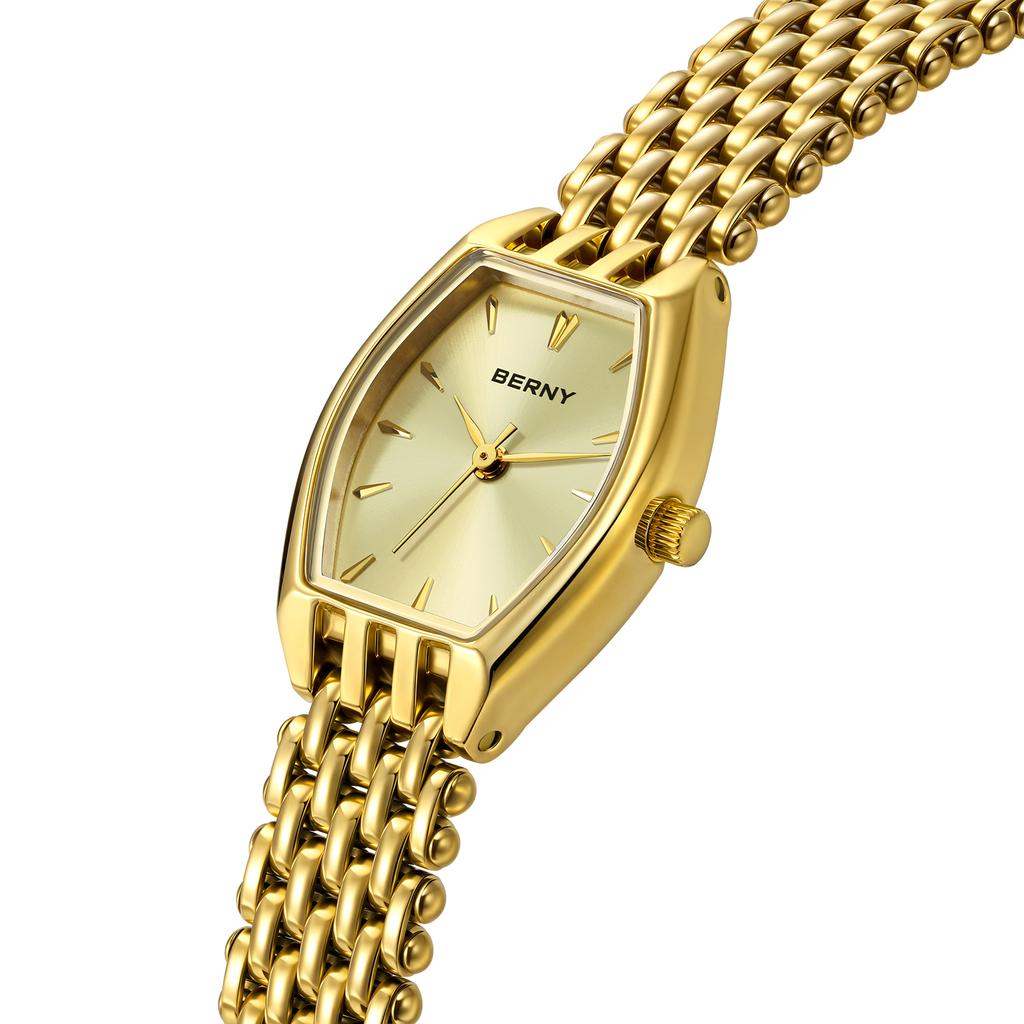 BERNY Gold Watches for Women Luxury Slim Elegant Ladies Quartz Watch Golden Stainless Steel Fashion Dress Wristwatch