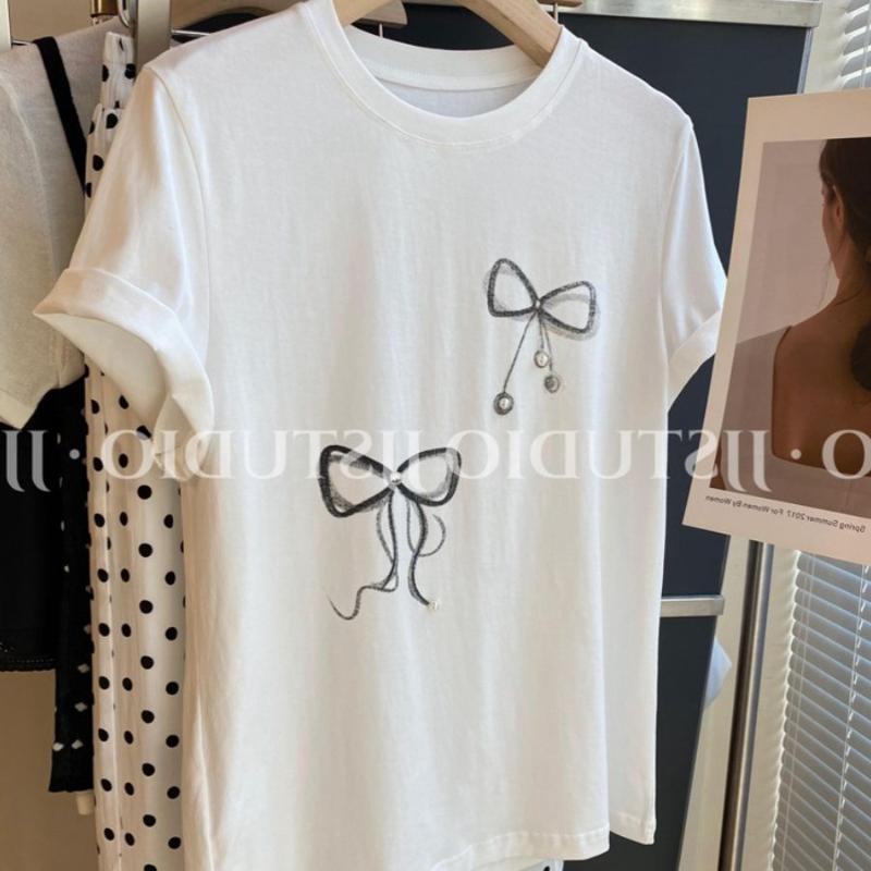 Women's Summer Bow Print Short Sleeve T-shirt Casual Crew Neck White Top