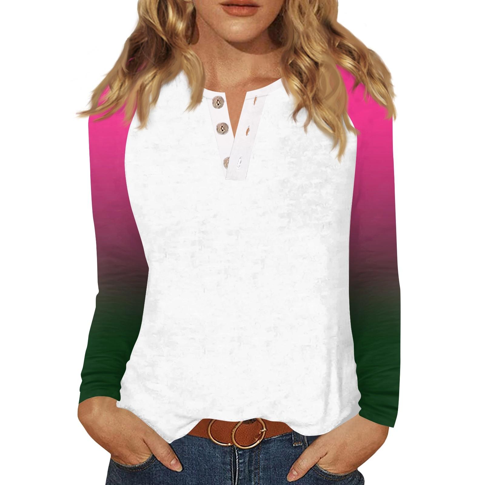 

Женская футболка с принтом, на пуговицах, с длинным рукавом, повседневная, для выходных, модная, базовая, с V-образным вырезом, обычный топ M