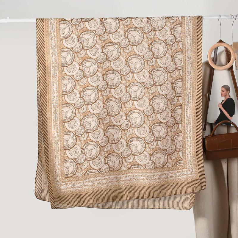 Fashion Women's High-end Sense Retro Printing Thin Silk Scarf Scarf Cotton and Linen Feel Spring and Autumn Warm Sunscreen Scarf