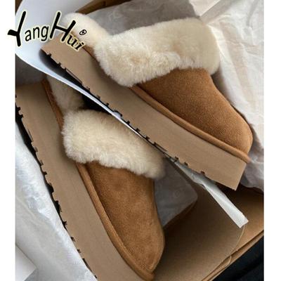 Lammfell plus Samt Warmhalten Damen Hausschuhe Retro Zuhause Baumwolle Flache Schuhe Überkreuz Flauschige Schneestiefel 2024 Neu Herbst Winter