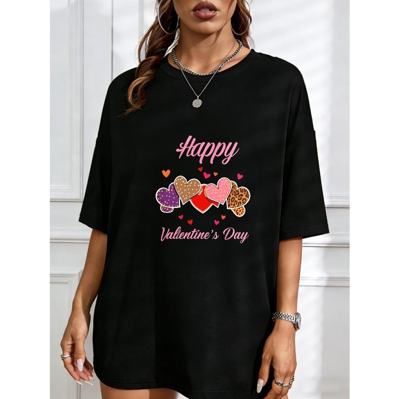 Damen Weißes T-Shirt Happy Valentine's Day Herzmuster Und Text Für Valentinstag