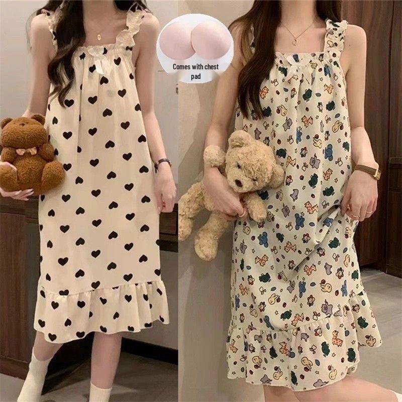 Women's Summer Retro Camisole Pajama Dress with Built-in Bra, Sweet Style, Versatile for Outdoor and Home Wear.