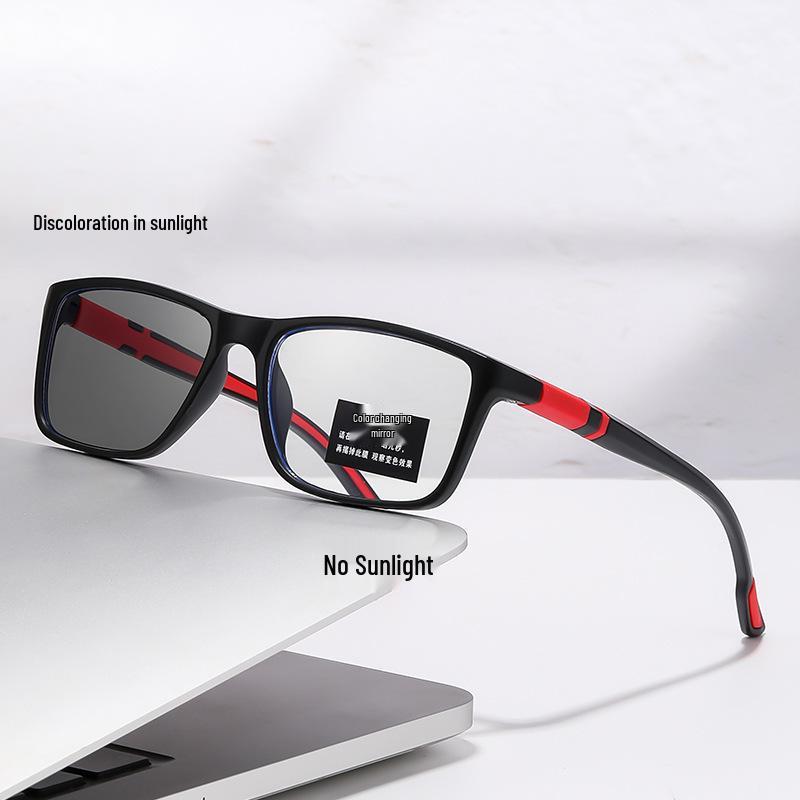 Fashionable Ultra-Light Photochromic Blue Light Blocking Square Frame Cycling Reading Glasses for Men Photochromic Blue Light Blocking Non-Prescription черная оправа красные заушники