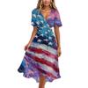 Women’s V Neck Short Sleeve Midi Dress with Abstract Flag Print High Waist Flowy Hem Casual Loose Fit Summer Dress