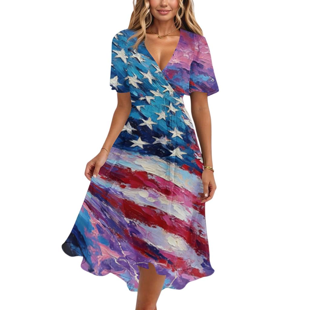 Women’s V Neck Short Sleeve Midi Dress with Abstract Flag Print High Waist Flowy Hem Casual Loose Fit Summer Dress