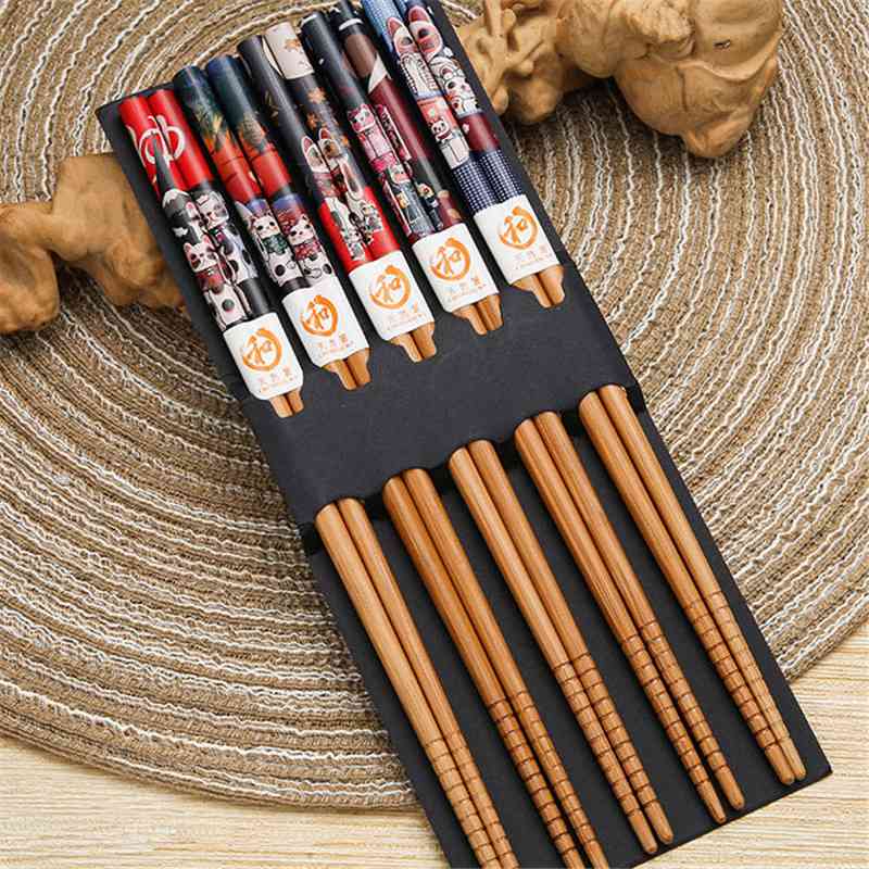 Bamboo Lattice Chopsticks Reusable Simplicity Sushi Sticks Tableware 5 Pairs Anti Slip