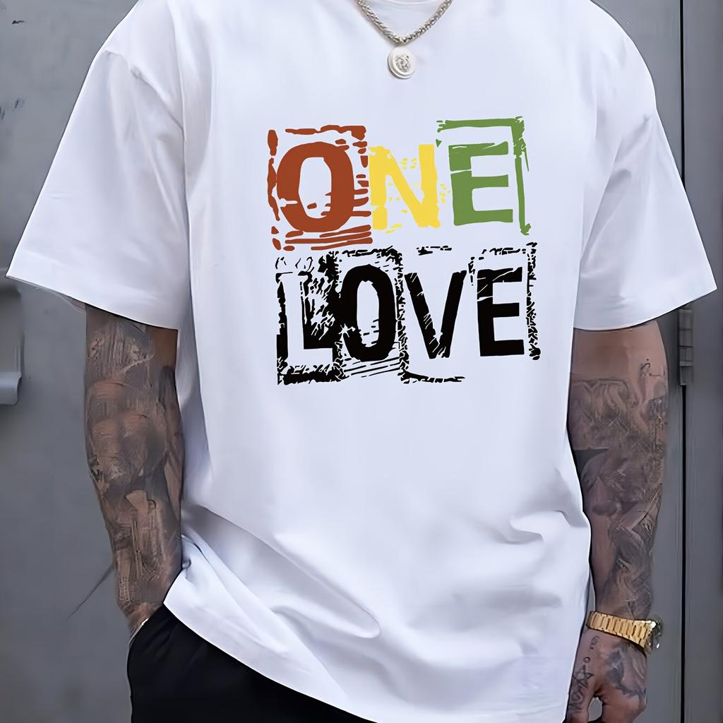 Unique One Love Letter Print Short Sleeve T-Shirt Comfy Slight Stretch Crew Neck Geometric Perfect for Casual Activities