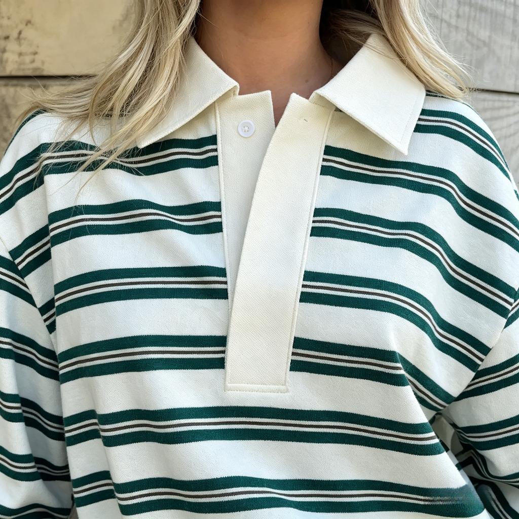 Spring New Loose Striped POLO Collar Long-Sleeve Top With A Stylish Design Suitable For Casual And Commuting