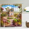 Flowers Garden Landscape Shower Curtain European Retro Rural Scenery Wall Decor Hanging Curtain Waterproof Bathroom Curtains