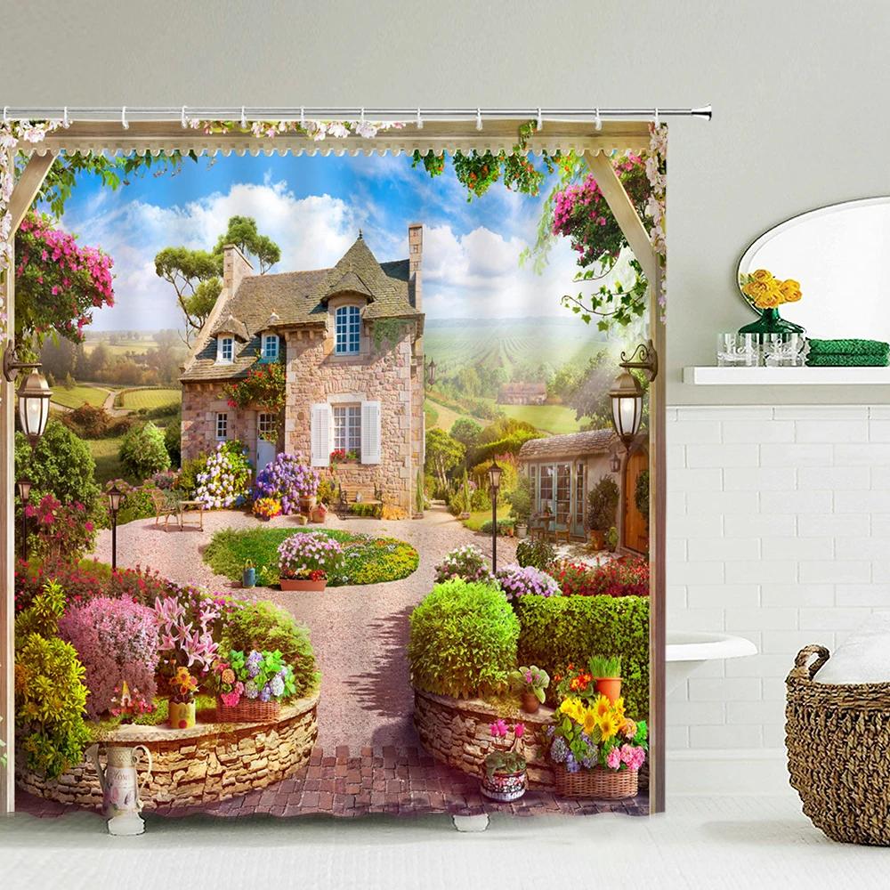 Flowers Garden Landscape Shower Curtain European Retro Rural Scenery Wall Decor Hanging Curtain Waterproof Bathroom Curtains