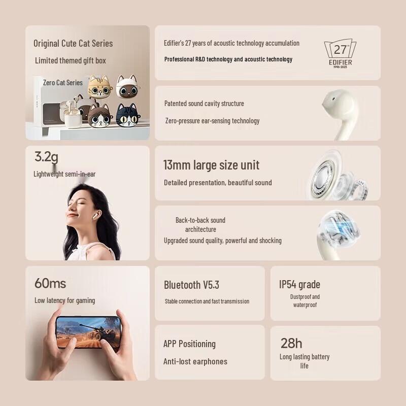 EDIFIER Zero Miao Ragdoll Cat Limited Edition Wireless Half In-ear Earbuds