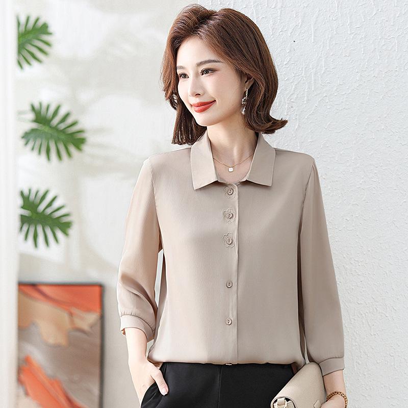 Mom s Stylish 2026 Summer Chiffon Lapel Shirt - Short-Sleeved, Thin, for Middle-Aged & Elderly Women XL (80-95 Jin) бежевый