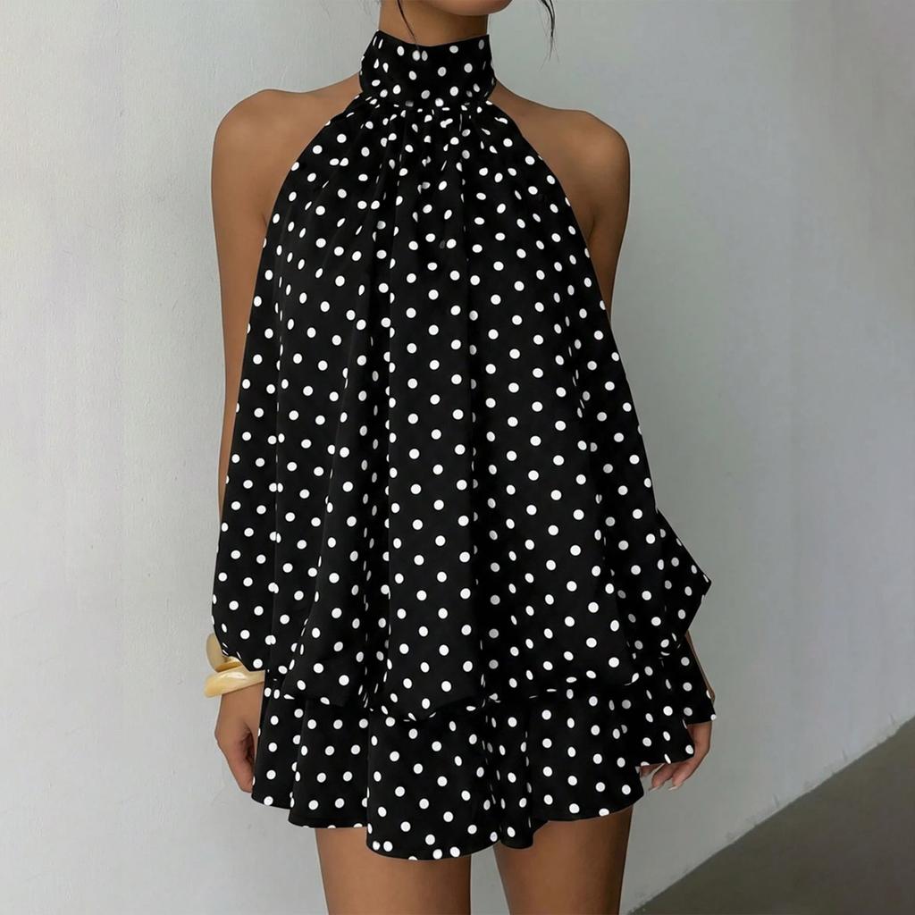 Women’s Neck Irregular Hem Polka Dot Sleeveless Backless Mini Dress Loose Fit Layered Skirt Design for Summer Wear
