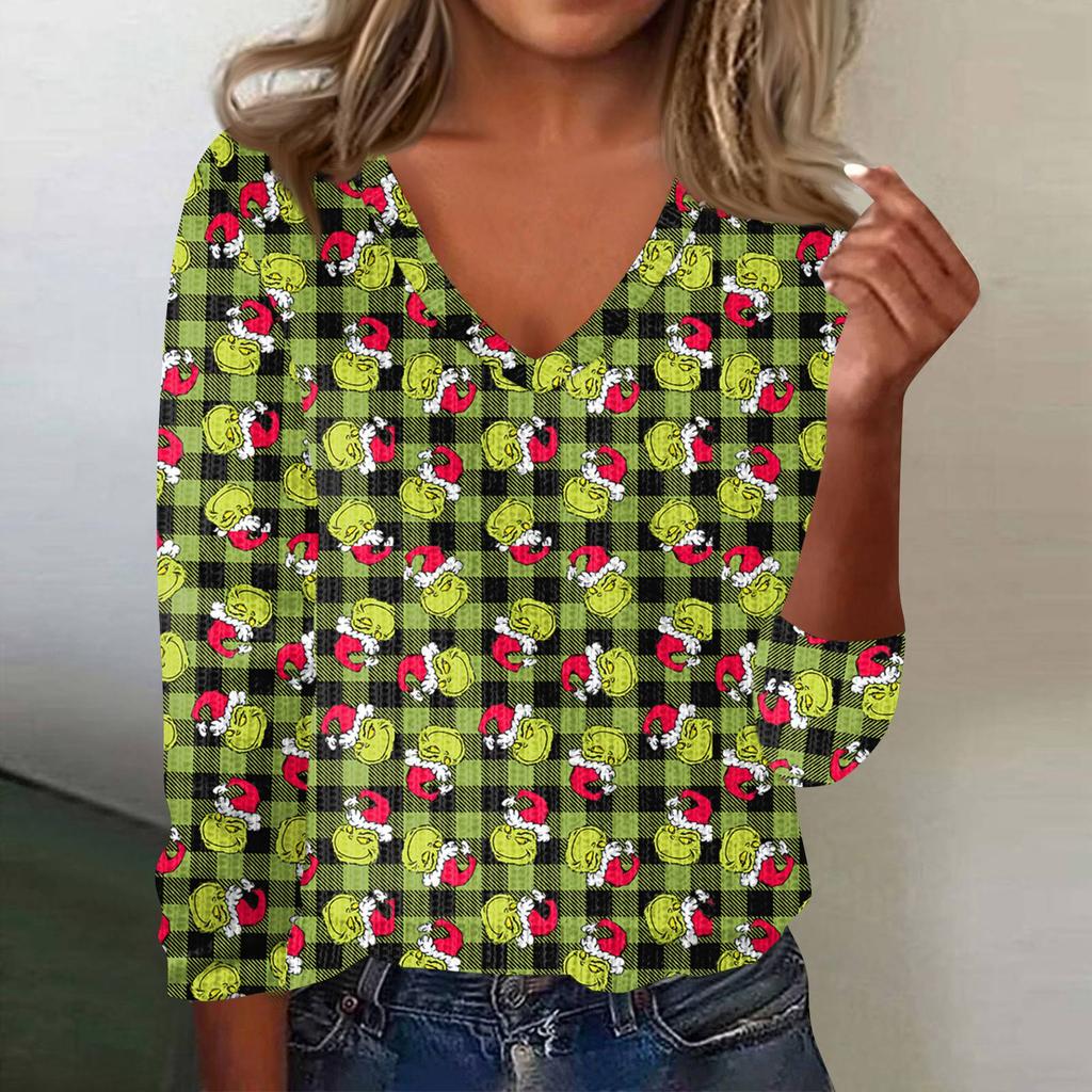 Women's Cute Sweatshirt Knitted Fashion Casual V-neck Long-sleeved  Cozy Print Top