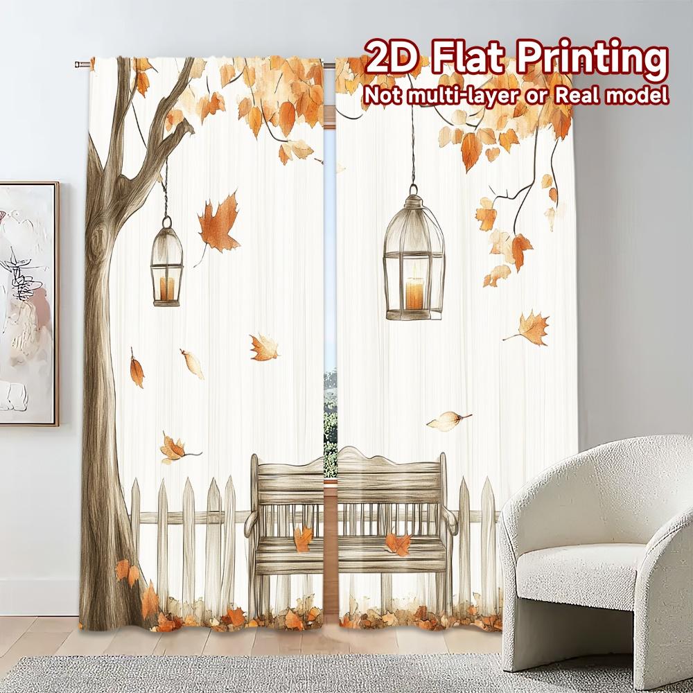 2pcs,Curtains Autumn Leaves Bench Lanterns (4) Chic Curtain Cloth Versatile Polyester Fabric Curtains Gifts Ldeal for Bedroom,