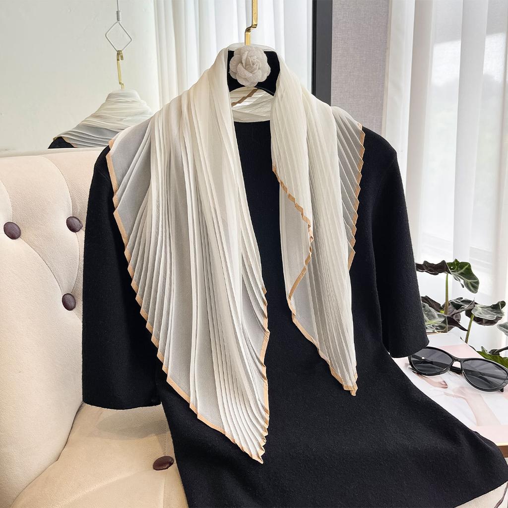 Solid Color Simulated Silk Scarf Women'S Spring Summer Pleated Small Square Scarf High-End Fashion Versatile Scarf